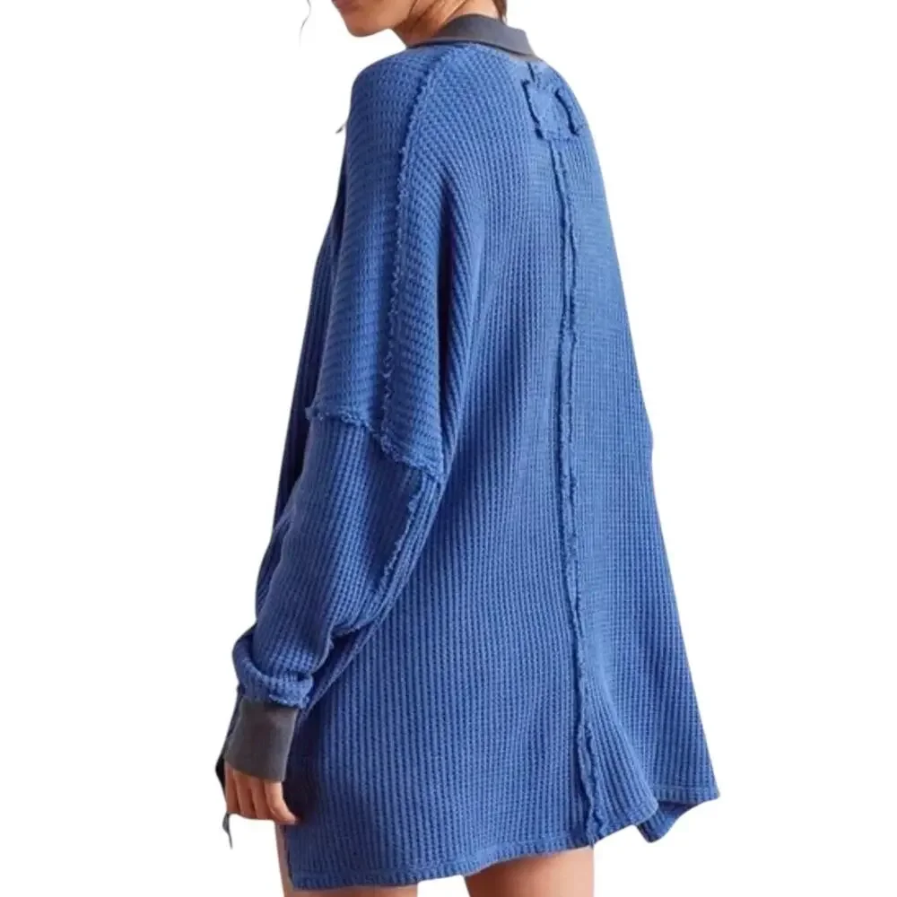 We The Free Women’s Travis Oversized Thermal Long Sleeve Polo Blue Size L - Picture 2 of 3